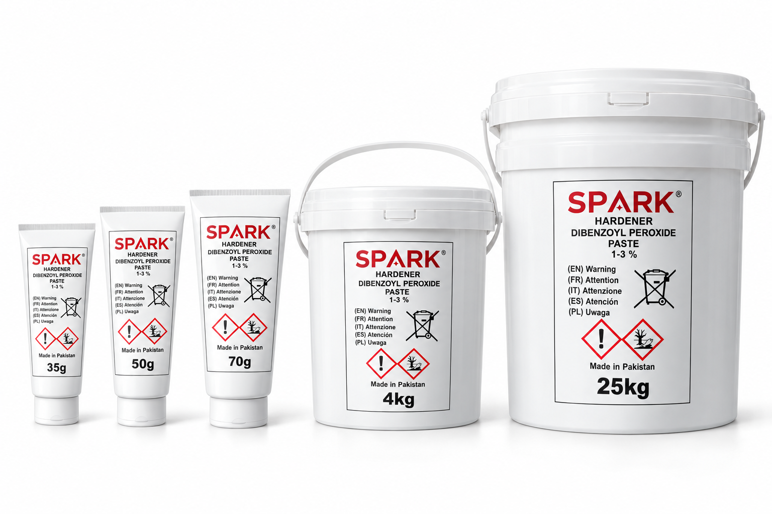 SPARK BPO hardener packaging mockups: 35 g, 50 g and 70 g tubes, 4 kg and 25 kg buckets